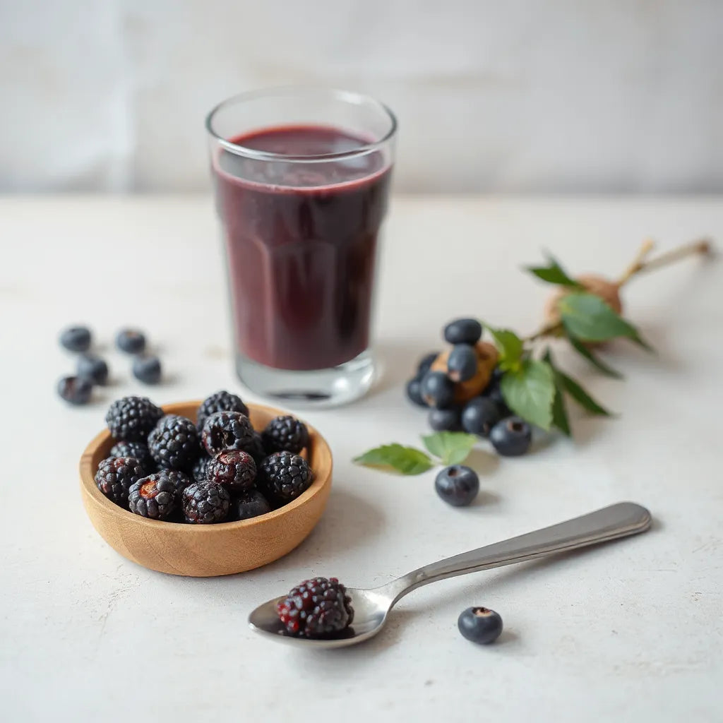 Fresh acai berries and a purple smoothie in a simple bowl under natural light