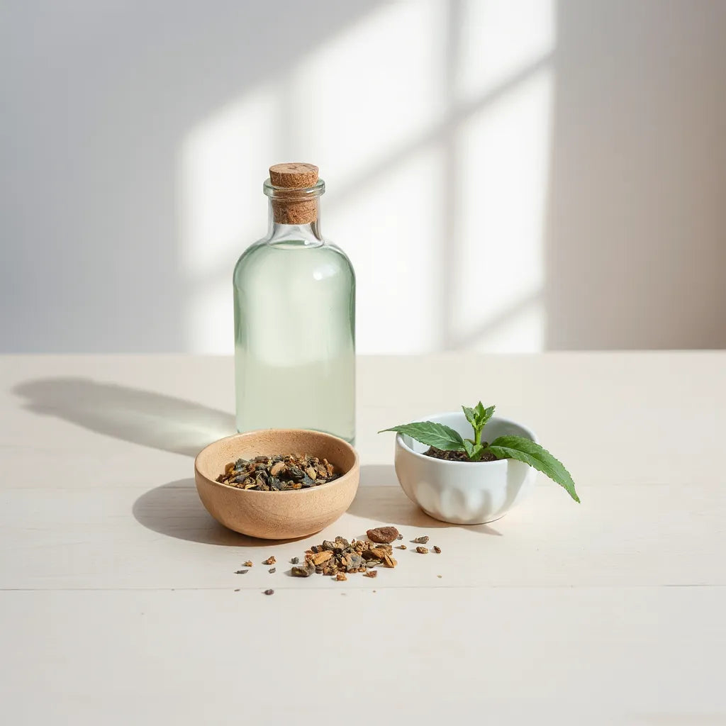 Herbal ingredients and a glass supplement bottle on a clean tabletop with soft natural lighting