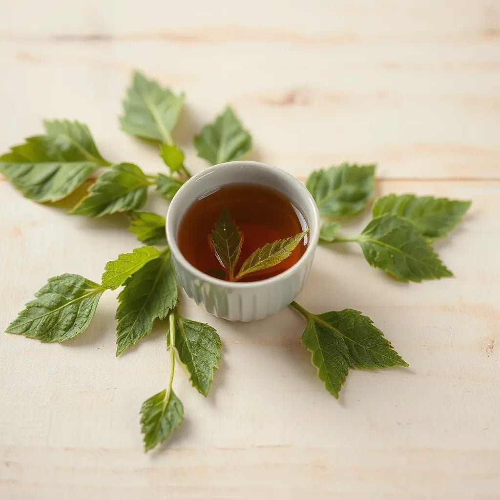 Fresh mullein leaves beside a small cup of herbal tea on a light wooden surface