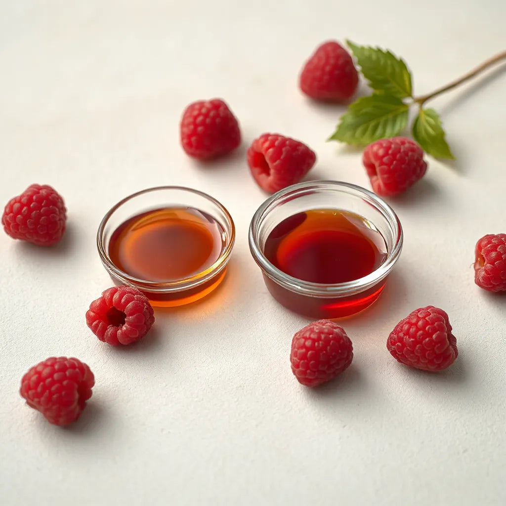 Fresh raspberries beside a small bowl of amber-colored raspberry extract for a dietary supplement guide