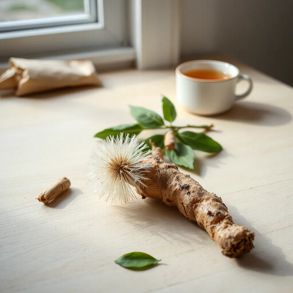 Organic dandelion root with fresh leaves and herbal tea on a light wooden surface