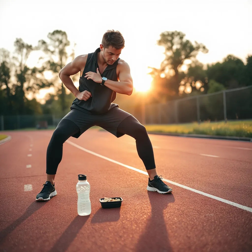 Athlete stretching during outdoor training with water bottle and simple nutrition items nearby