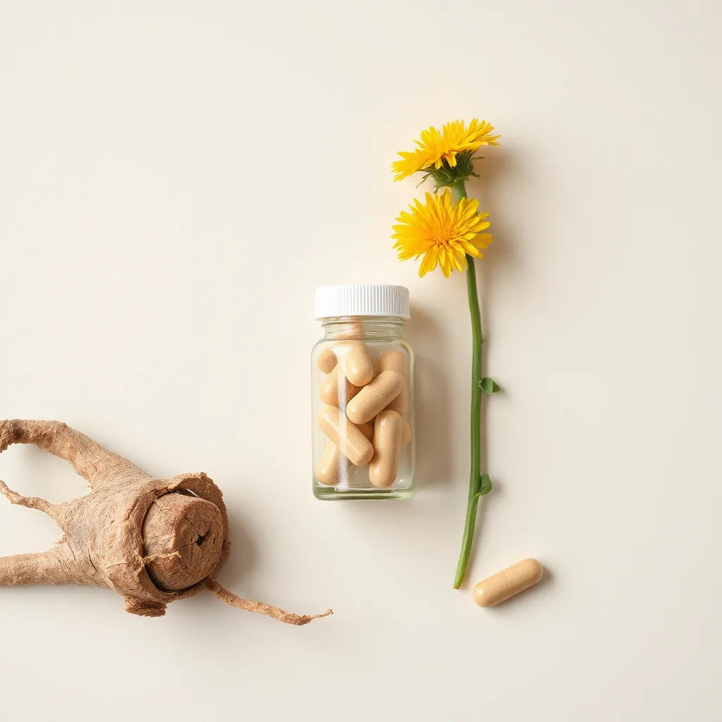 Glass bottle of herbal capsules beside cut dandelion root and fresh dandelion flowers on a neutral background