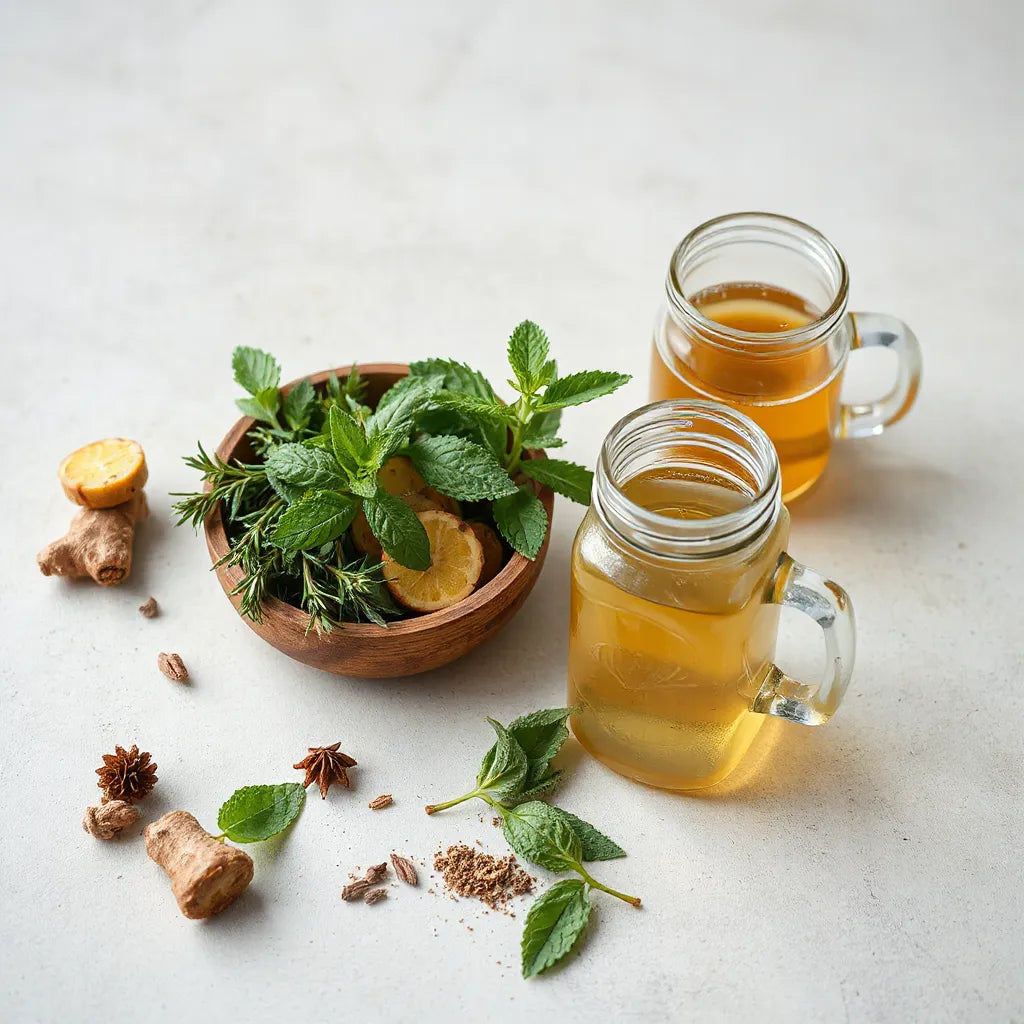 Fresh and dried herbs with a glass jar of herbal infusion and a cup of tea on a wooden table