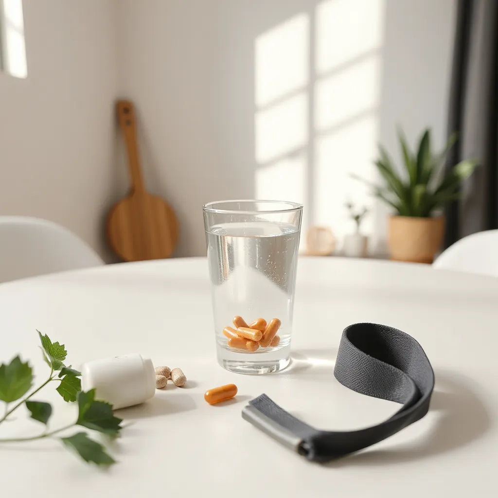 Capsules and supplement container beside water with a fitness band on a clean tabletop