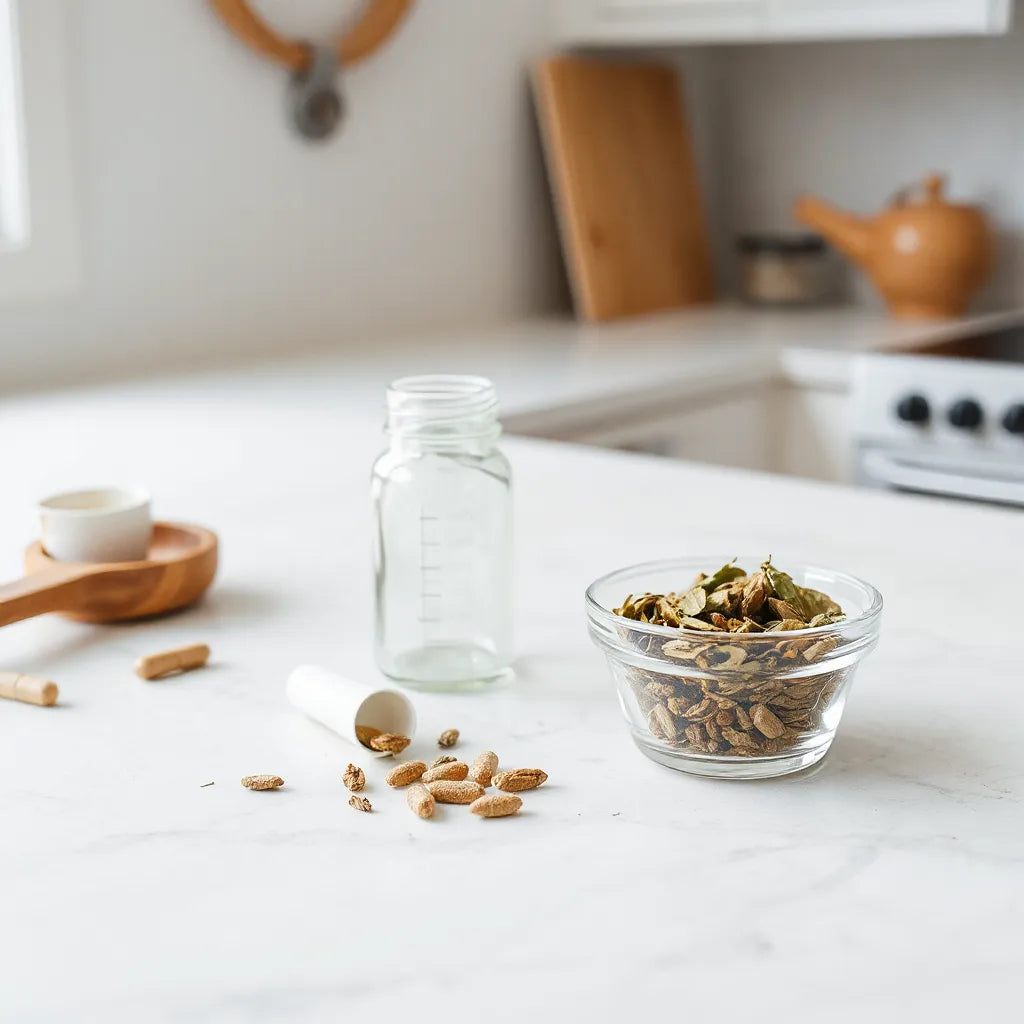 Herbs and a clear glass measuring scoop beside an unlabeled supplement bottle on a kitchen counter