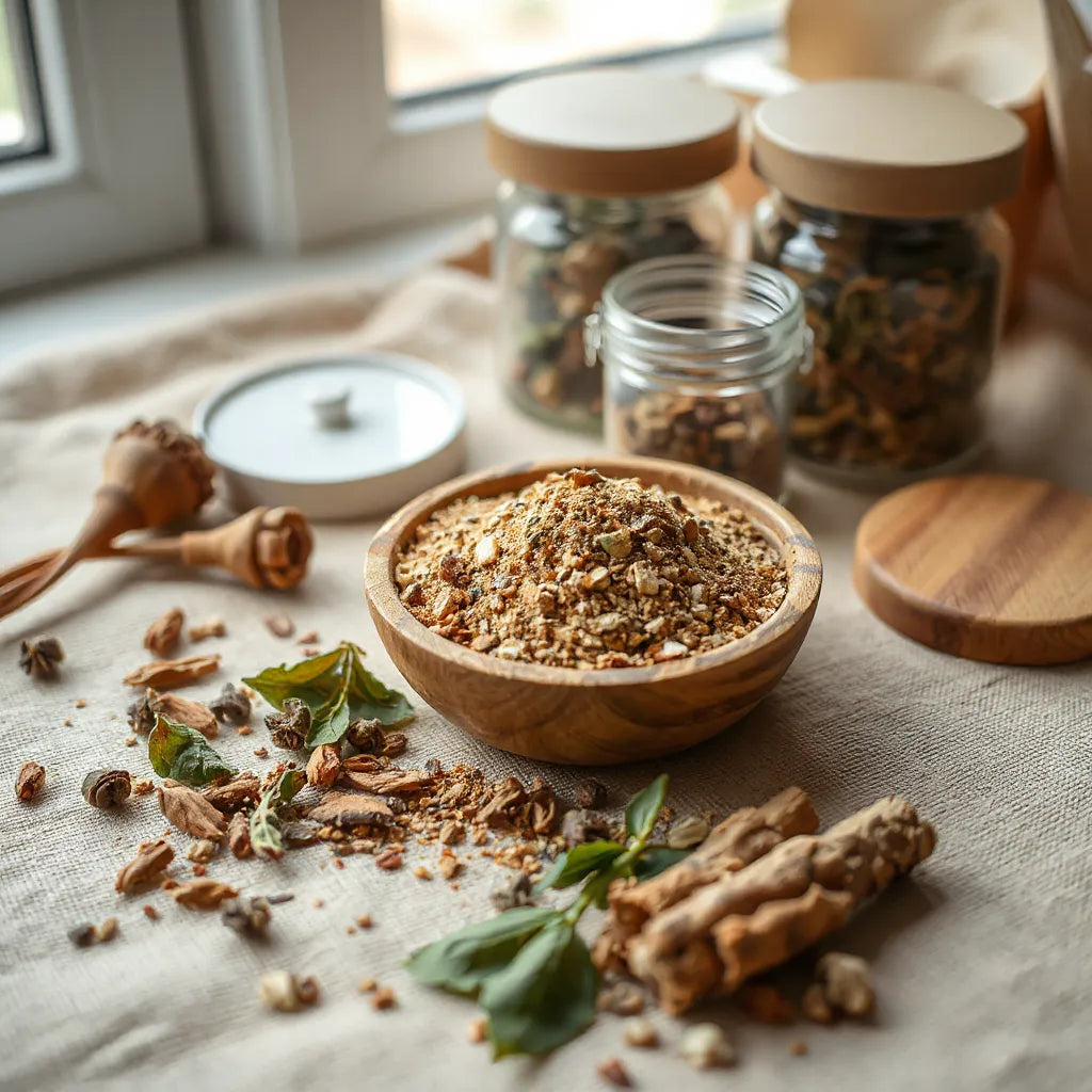 Herbal blend powder with dried herbs and glass jars on a warm linen background
