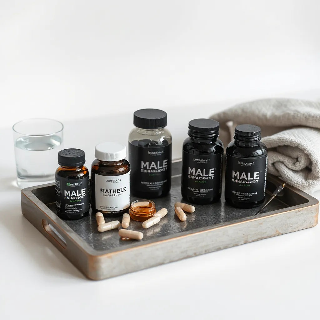 Assorted male wellness supplement bottles and capsules beside a glass of water on a minimal tray