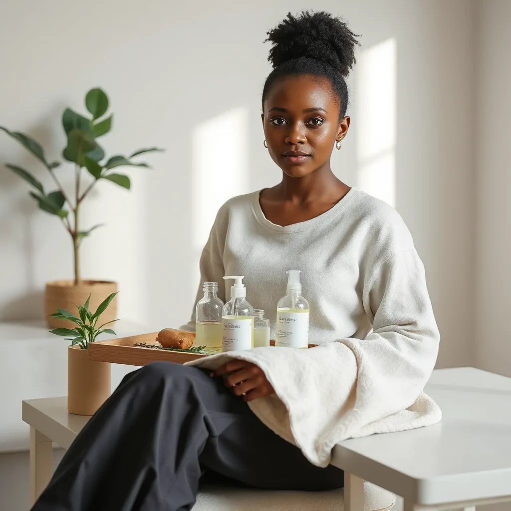 Dark-skinned woman at a minimalist vanity with natural self-care products and soft daylight.