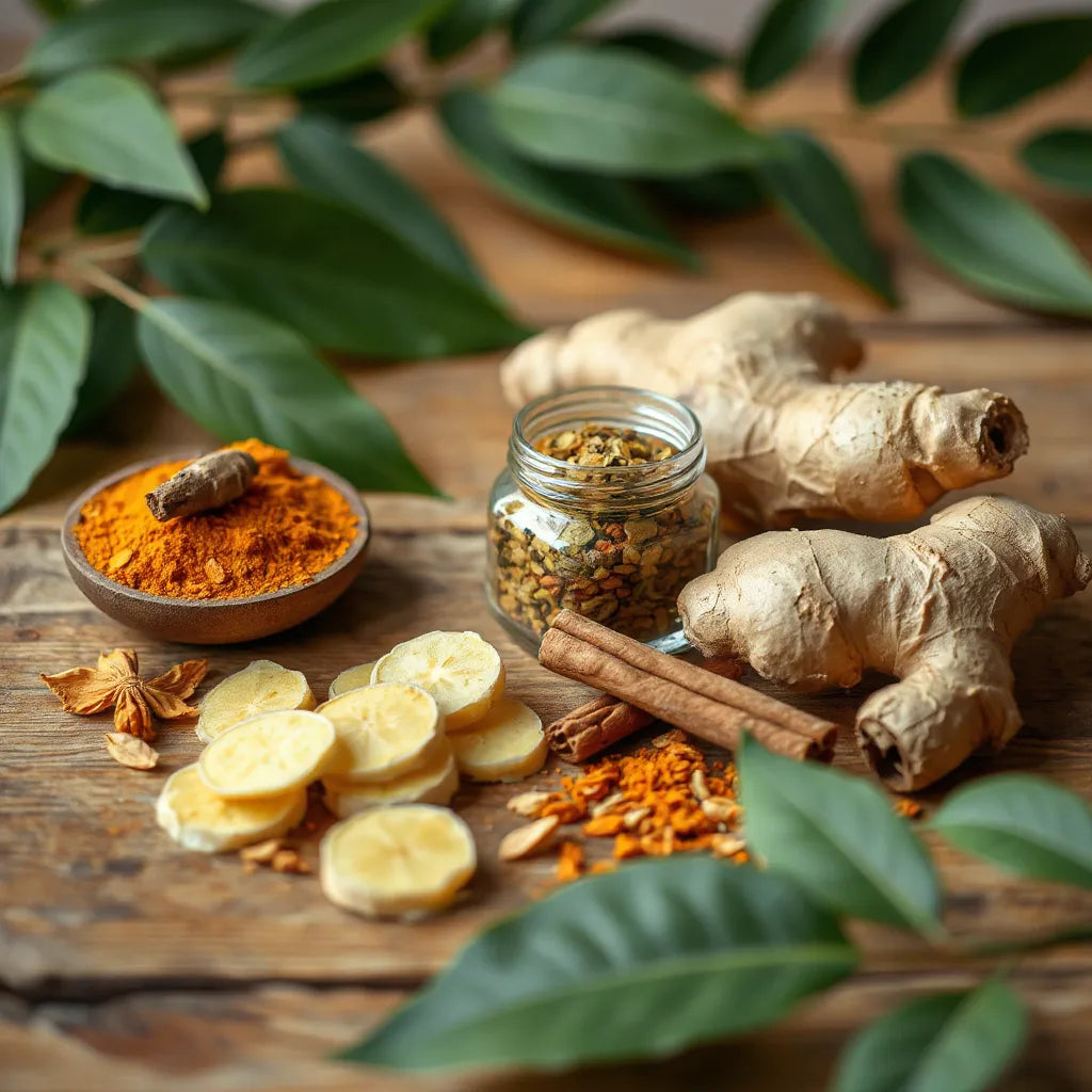 Assorted herbal ingredients and a glass jar on a wooden table in warm natural light