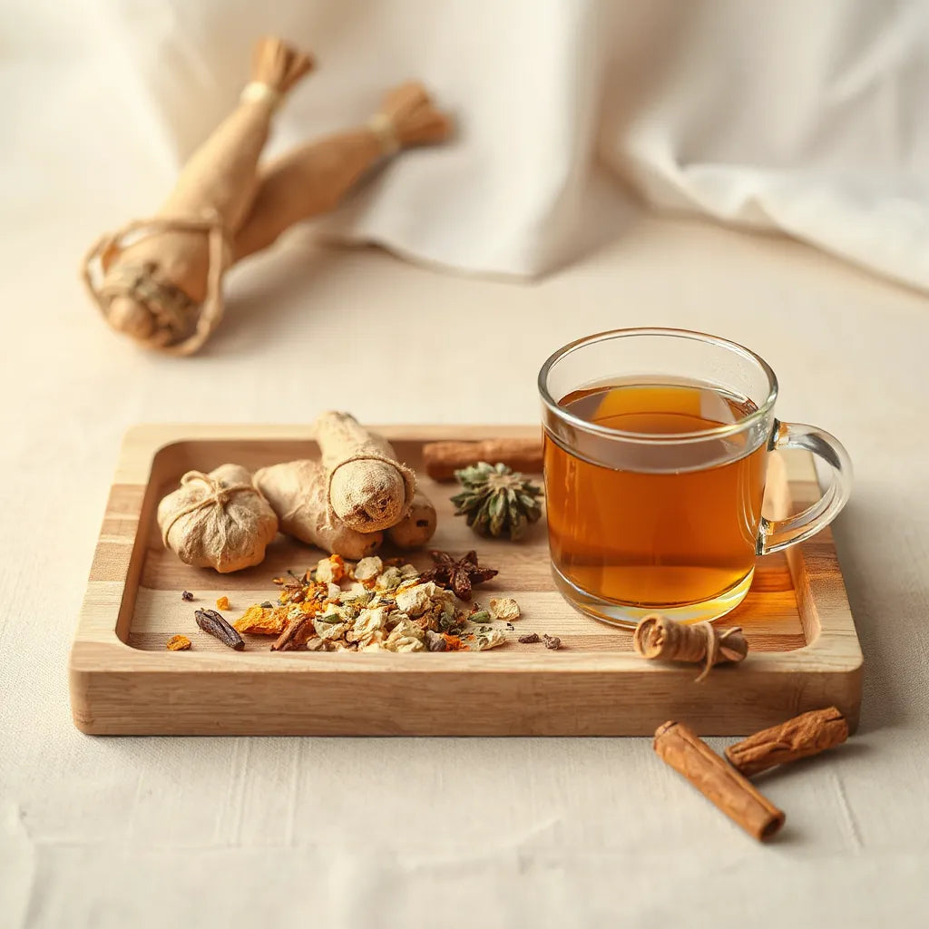 Assorted dried herbs and a glass cup of herbal tea on a wooden tray for immune support