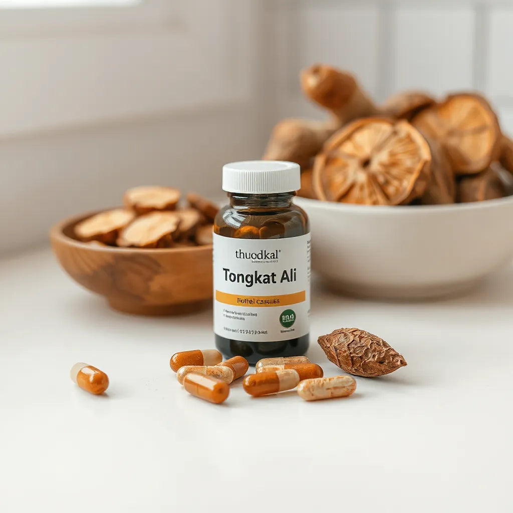 Tongkat Ali capsules in a small bottle with a few capsules and tongkat ali root slices on a clean countertop.