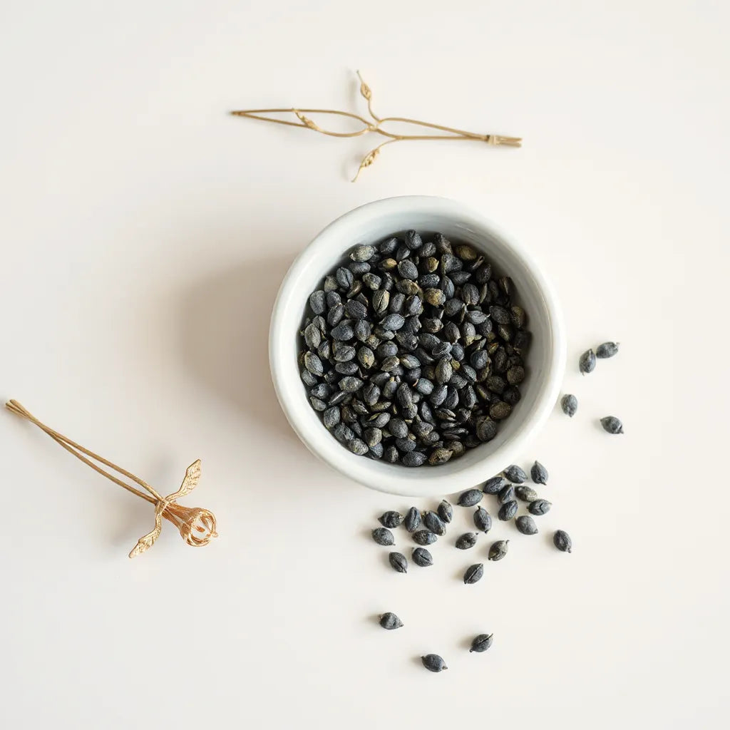 Nigella sativa seeds in a ceramic bowl with a few scattered on a light background