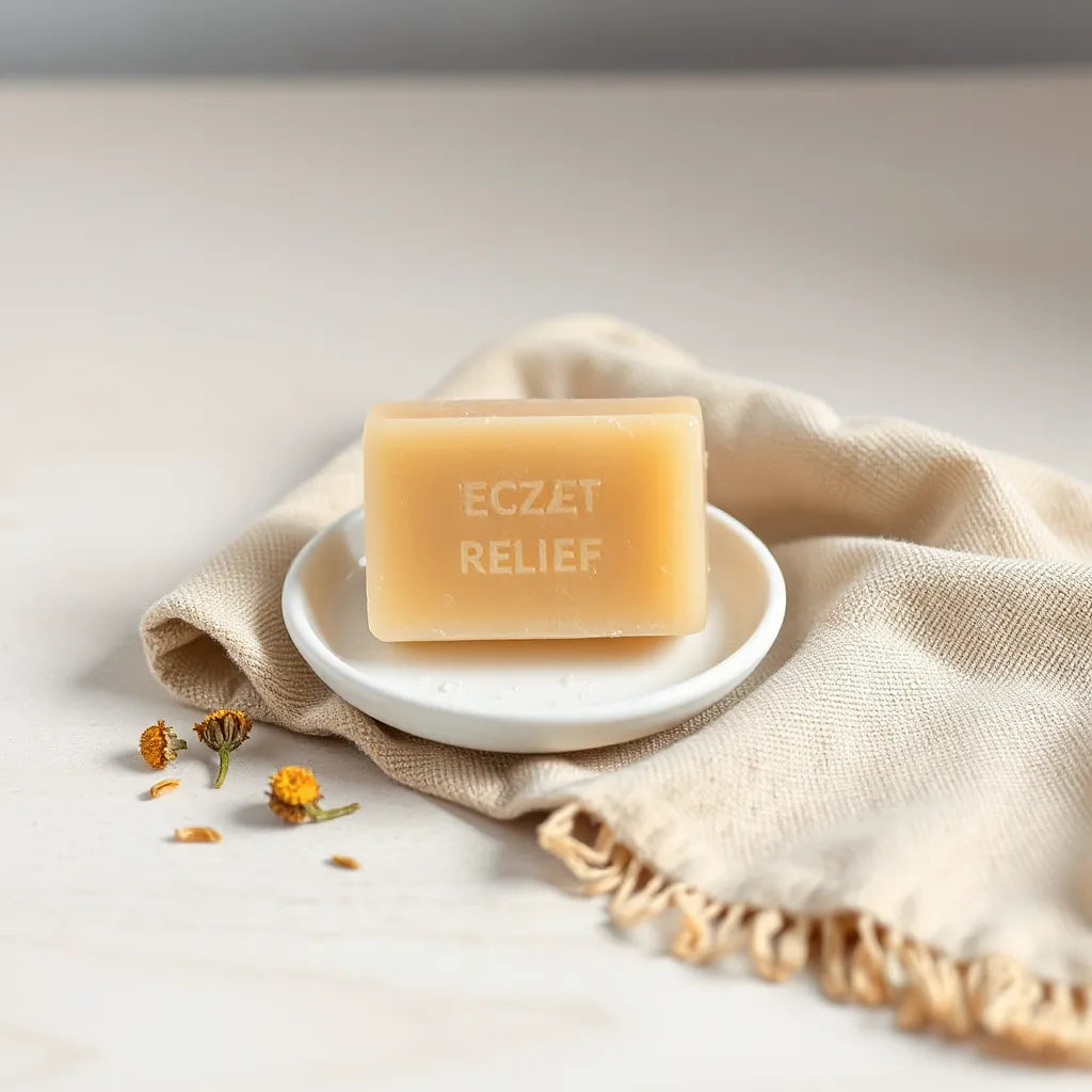 Bar soap on a dish with washcloth and soft botanicals on a light neutral background
