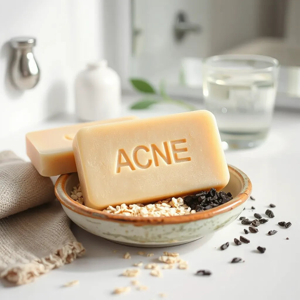 Bar acne treatment soap on a clean bathroom counter with natural ingredients in the background