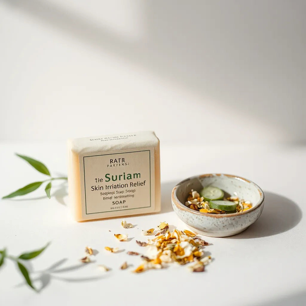 A bar of gentle soap with water droplets and chamomile petals on a clean light background