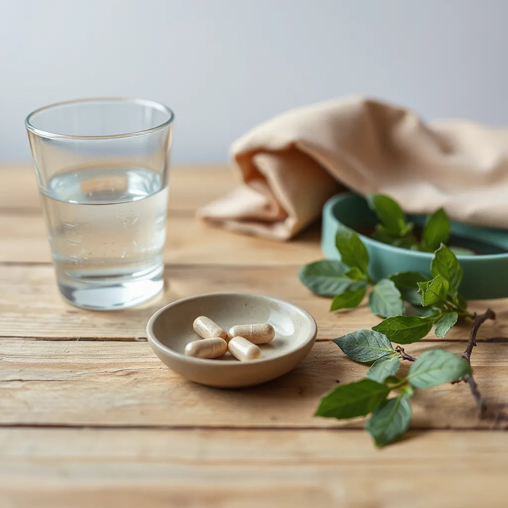 Natural supplement capsules and water with light workout gear on a wooden table