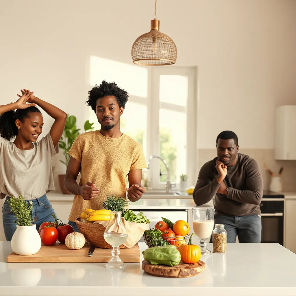 African American people practicing daily wellness with stretching and a healthy meal in a bright home