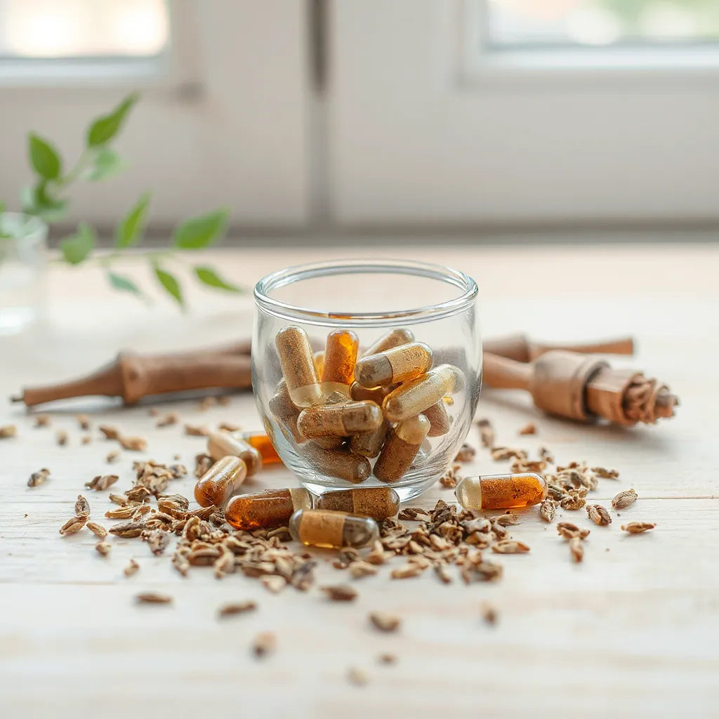 GMO-free herbal capsules in a glass bowl with dried herbs on a light wood surface