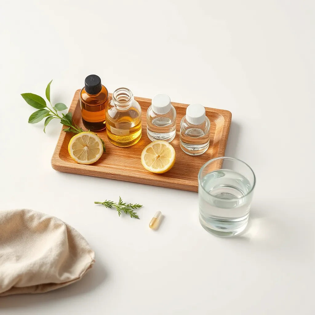 Glass bottles of immune-focused supplements with a capsule, lemon, and fresh herb on a clean tray
