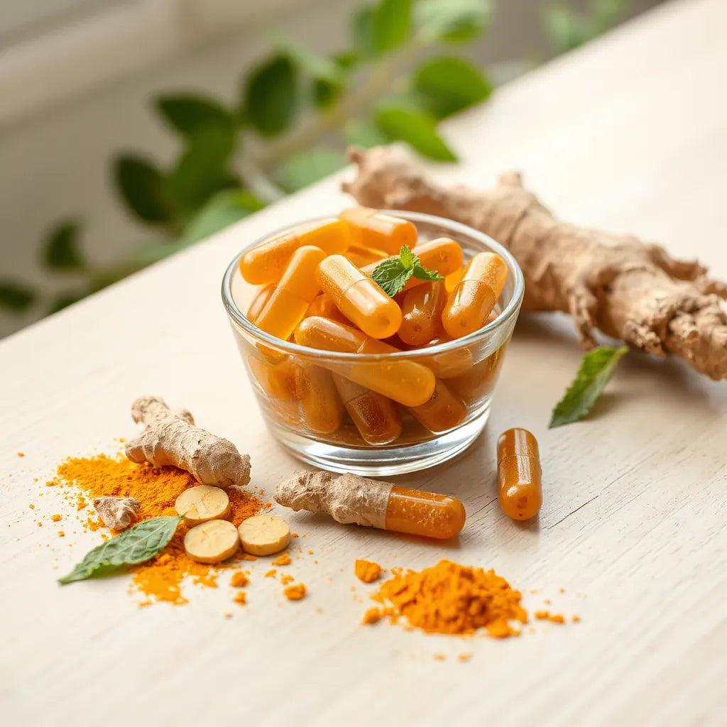 Herbal detox capsules in a glass bowl with dried botanicals on a clean light wood surface