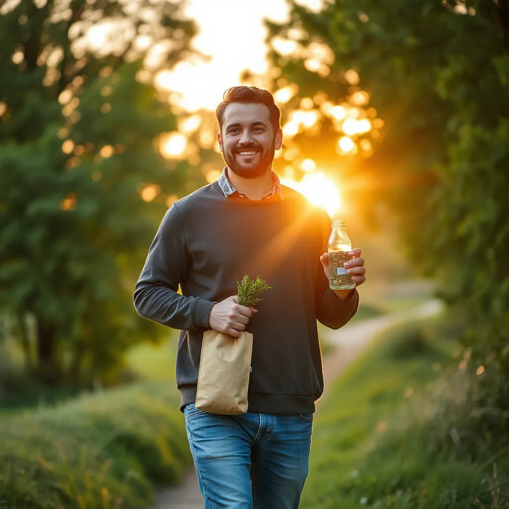 Man holding a reusable pouch and herbal supplement bottle outdoors at sunrise in warm natural light