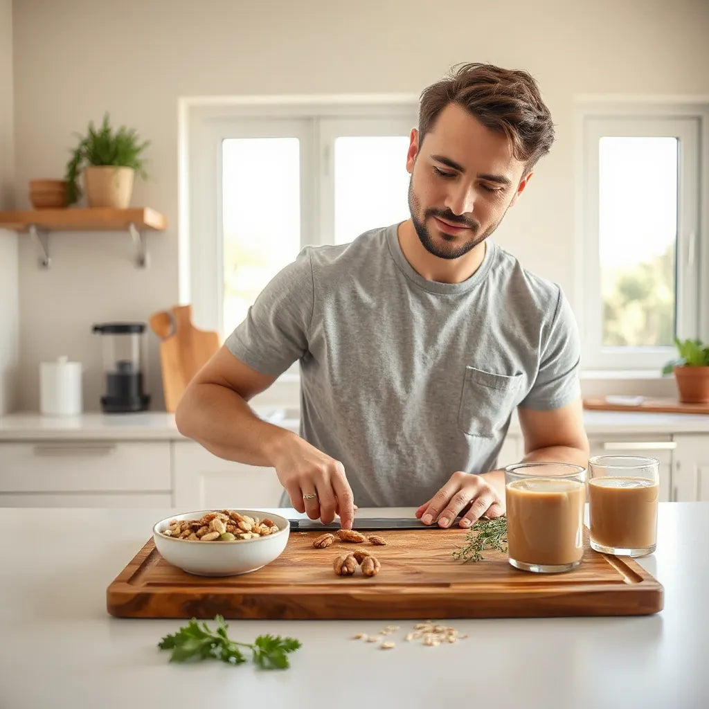 Man preparing a plant-based breakfast with vegetables, seeds, and a smoothie in a bright kitchen
