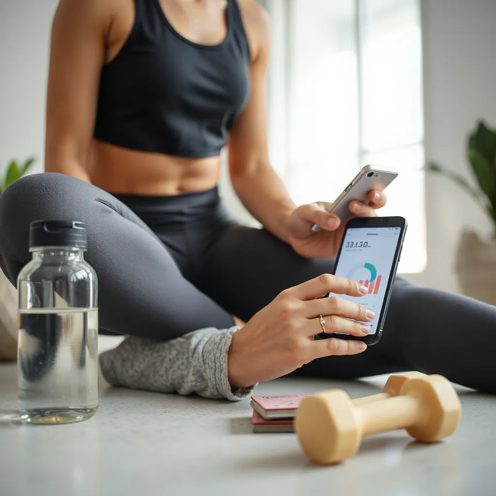 Person using a phone to track wellness while workout tokens and water bottle sit nearby