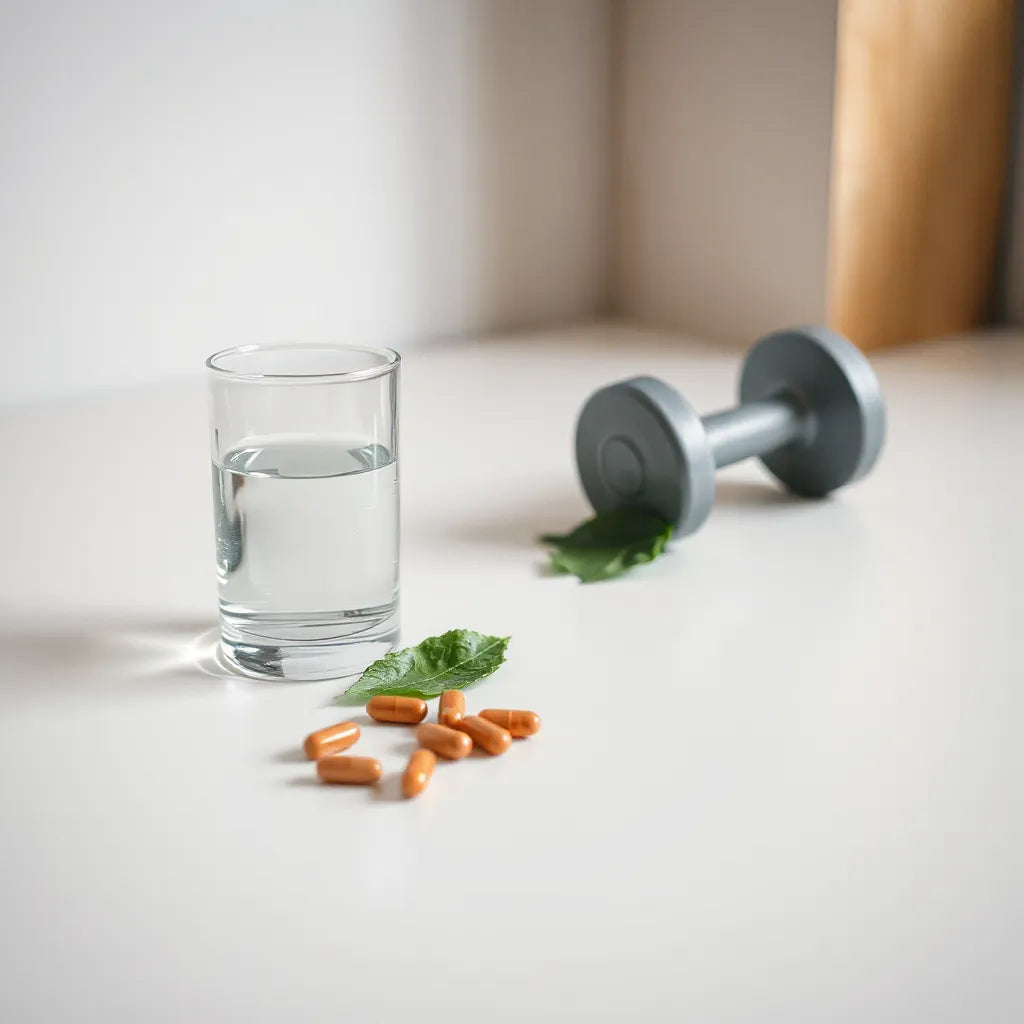 Supplement bottle and capsules with water on a clean countertop, with a small leaf and dumbbell in soft focus