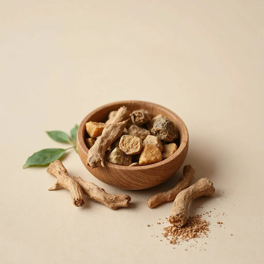 Dried and fresh maca roots arranged in a wooden bowl on a neutral background