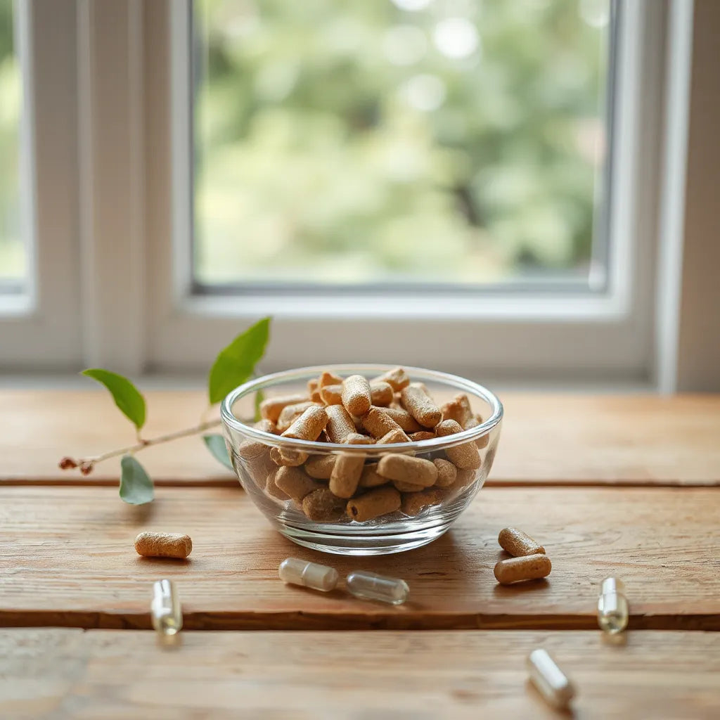 Tongkat ali root pieces and a few clear capsules on a wooden surface with soft natural light