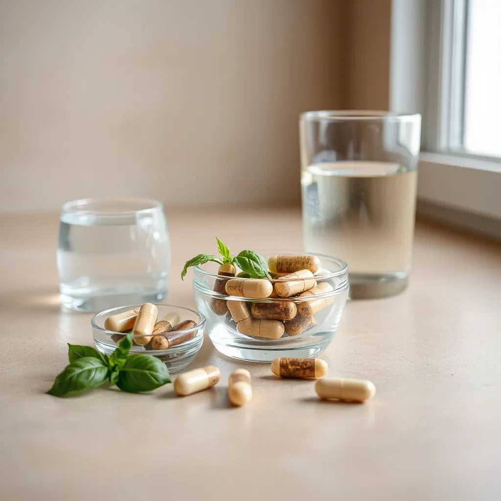 Mixed herbal capsules and fresh green leaves beside a glass of water on a clean countertop
