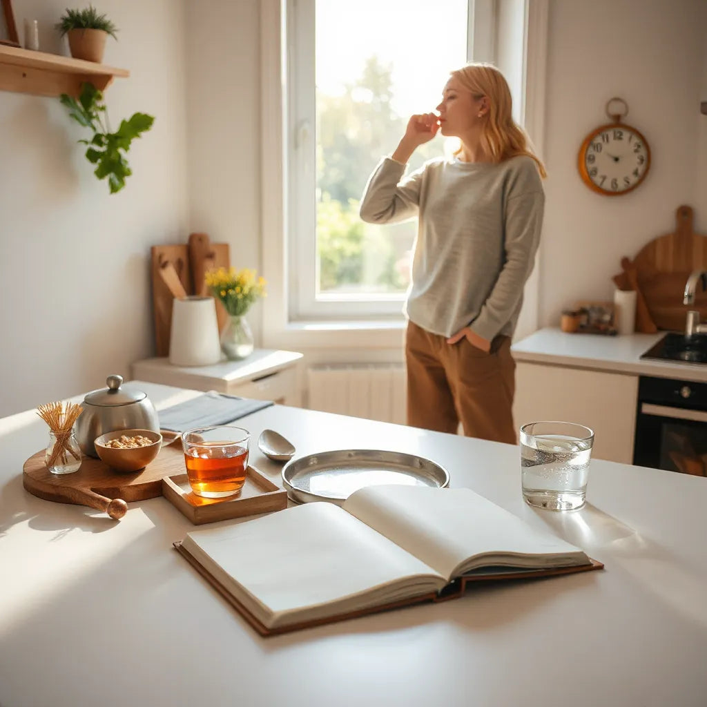 Sunlit morning scene of a person journaling with herbal tea, water, and calm, energized focus