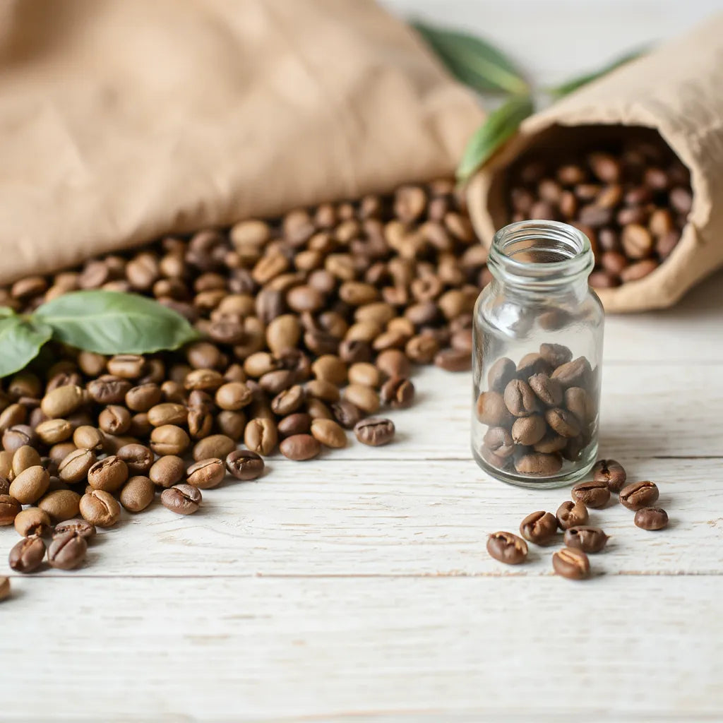 Green coffee beans and a clear bottle of extract on a wooden surface with soft natural light