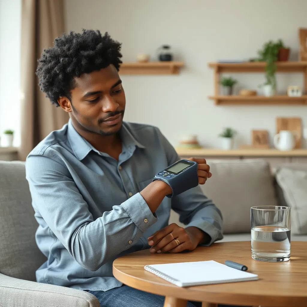 African American adult checking blood pressure with an arm cuff at home in a calm setting