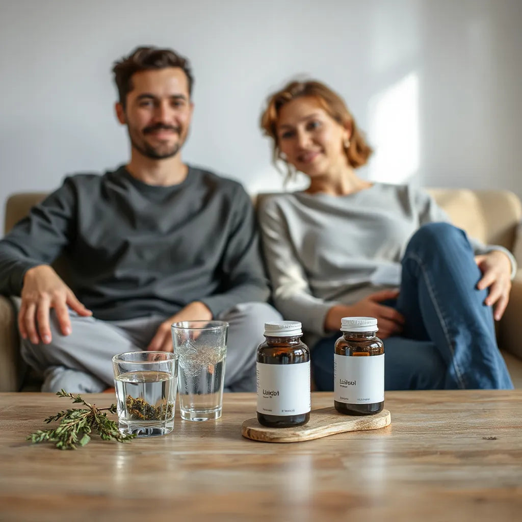 Couple relaxing at home with herbal tea and wellness items on a clean table