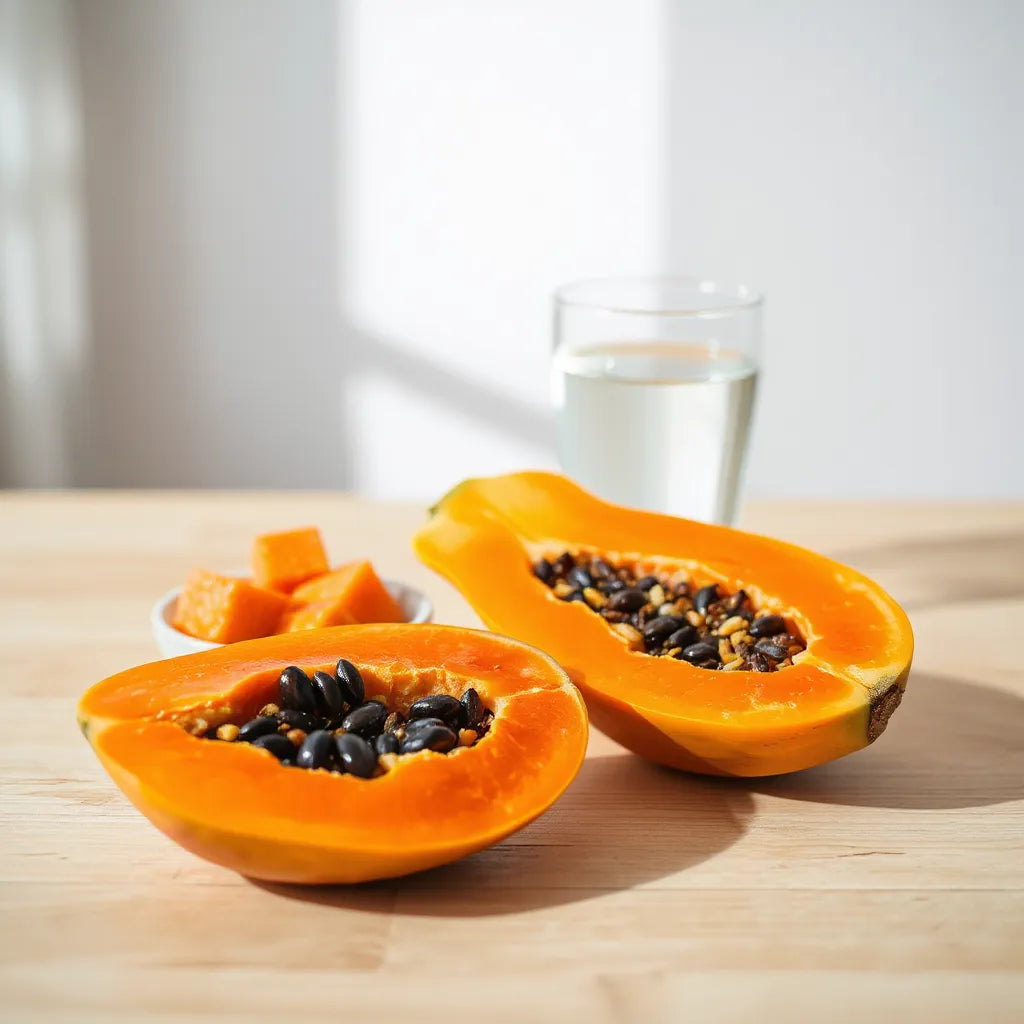 Ripe papaya fruit with orange flesh and seeds, plus papaya cubes on a wooden table