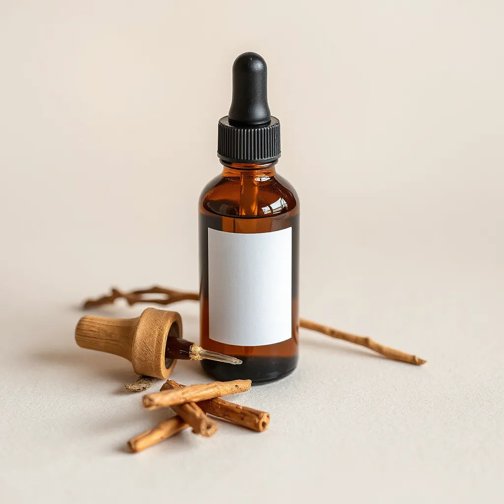 Amber bottle with dark liquid and wooden dropper beside tongkat ali root sticks on a neutral background