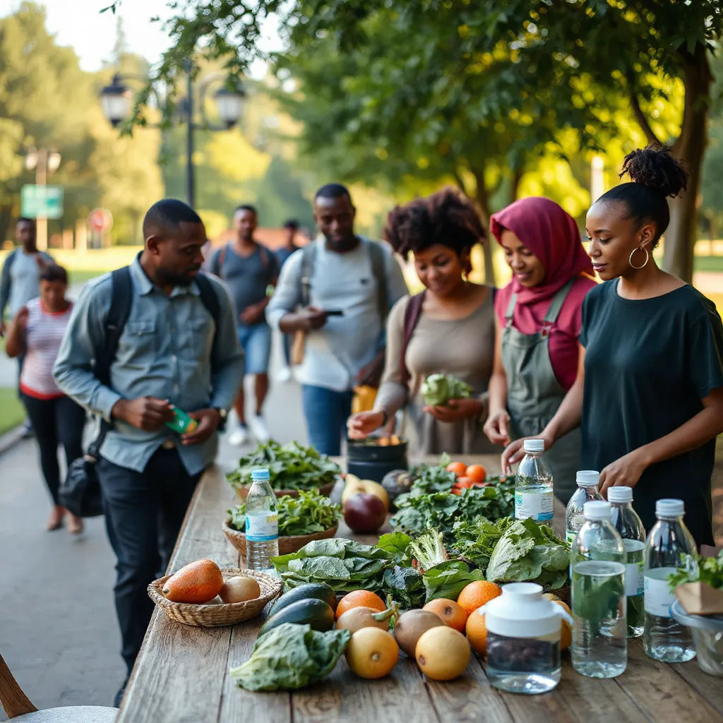 Diverse Black adults walking and preparing fresh produce for everyday wellness in daylight