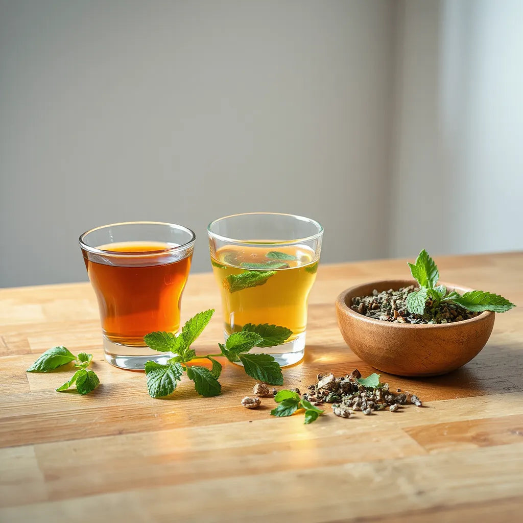 A cup of herbal tea with fresh green herb leaves on a wooden table in soft natural light