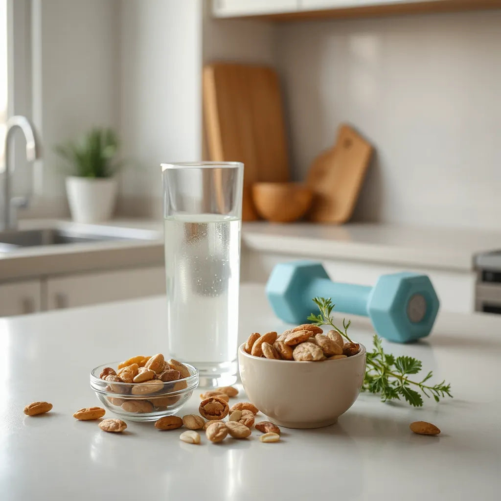 Wellness-focused countertop with water, nuts and seeds, and a dumbbell in soft background lighting