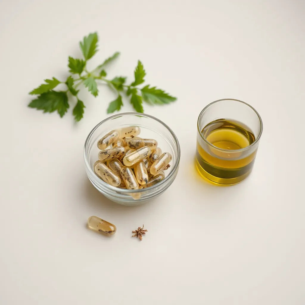 Herbal detox capsules with fresh green herbs and tea on a clean, light background