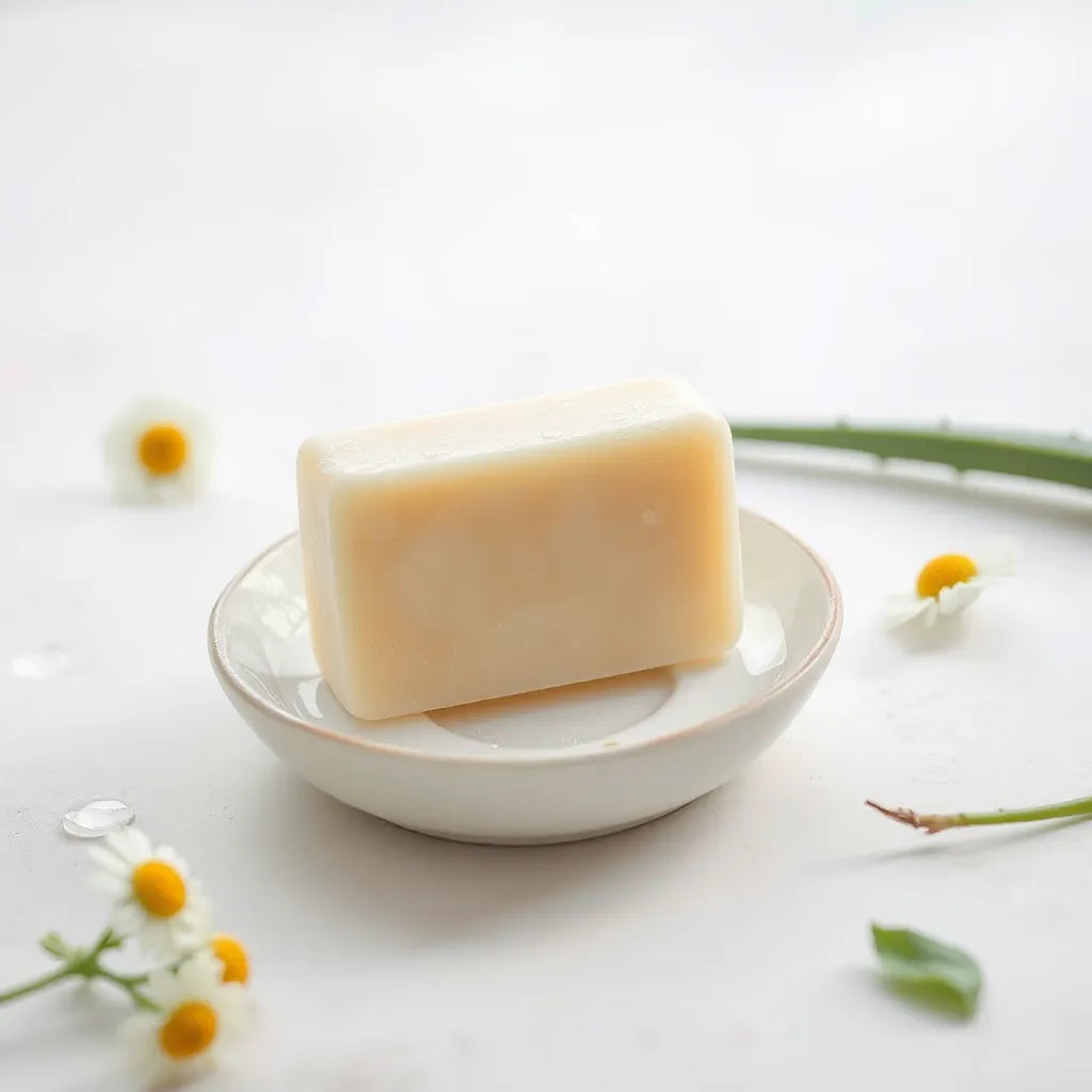Natural bar soap on a white dish with soft water droplets and blurred soothing green botanicals