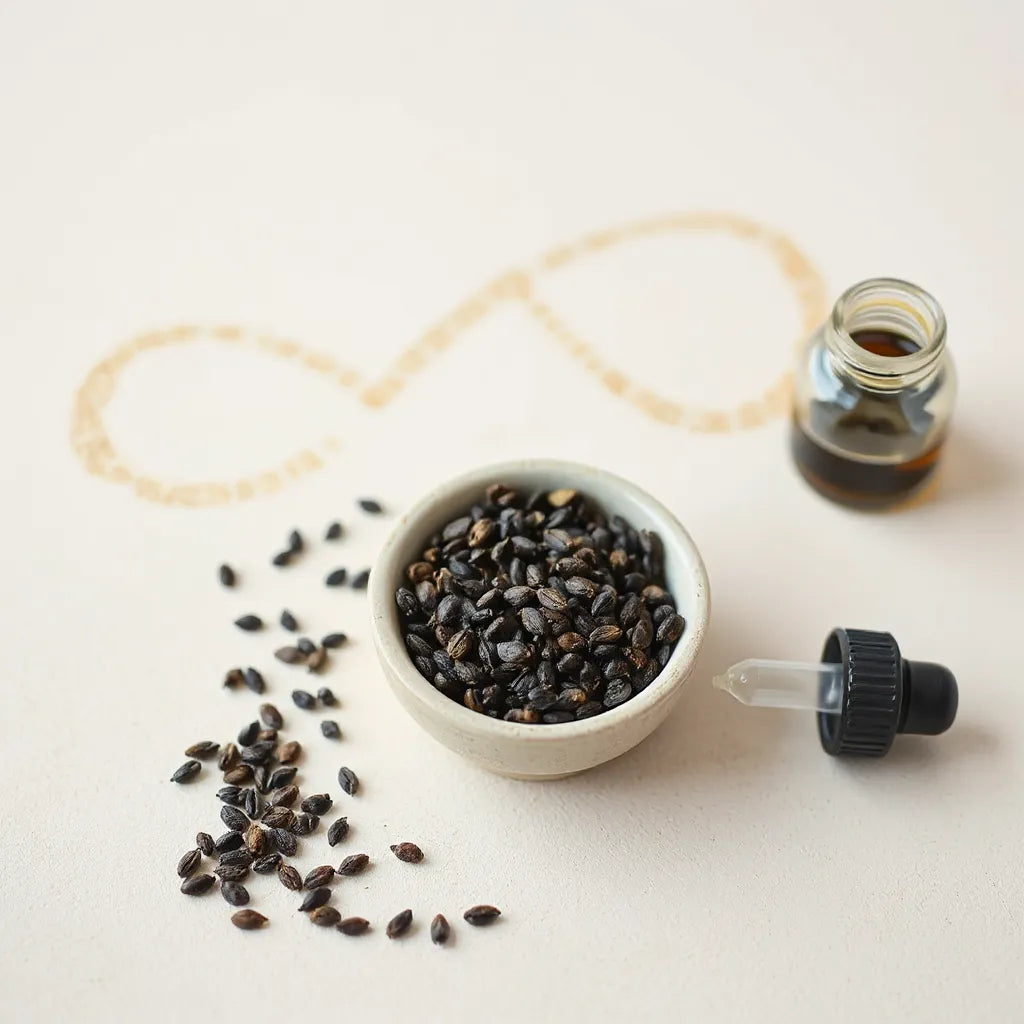 Black cumin seeds in a ceramic bowl beside a glass dropper with dark oil