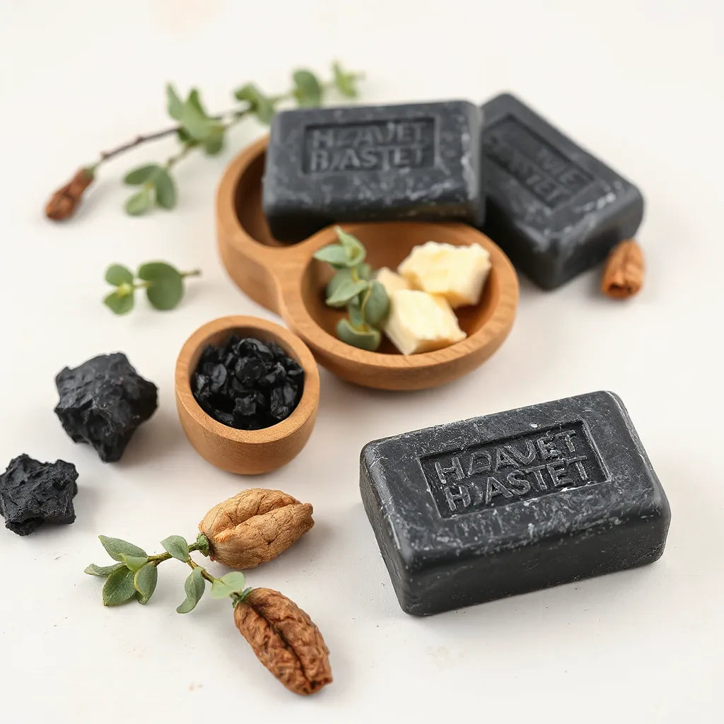 Organic black soap bars and natural ingredients arranged on a clean, light background