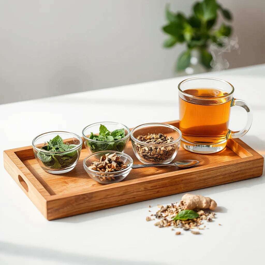 Dried herbs and a cup of herbal tea on a wooden tray for gentle colon cleansing support