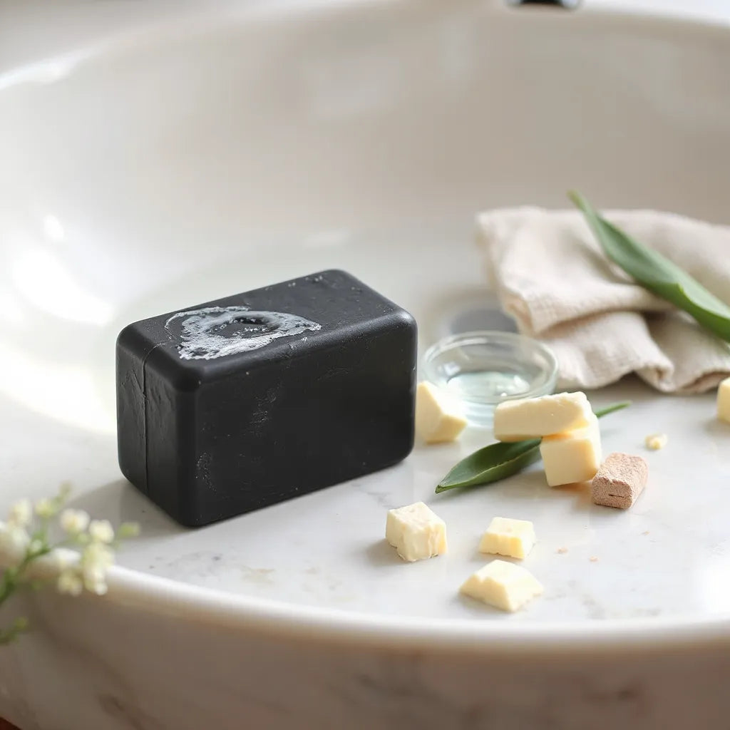 Moisturizing black soap bar with gentle lather on a clean sink, with aloe leaves and a washcloth nearby