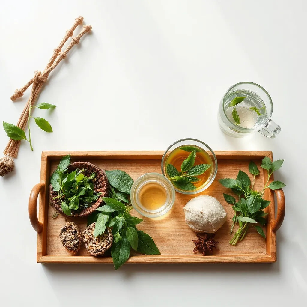Wooden tray with dried herbs and a glass of herbal infusion on a light background