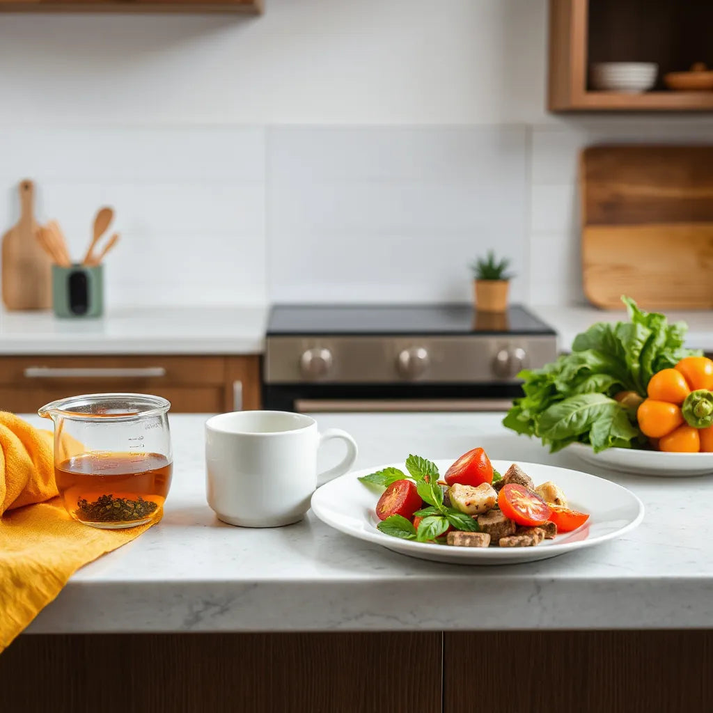 Herbal tea, spices, and fresh vegetables on a kitchen counter with a fitness tracker nearby