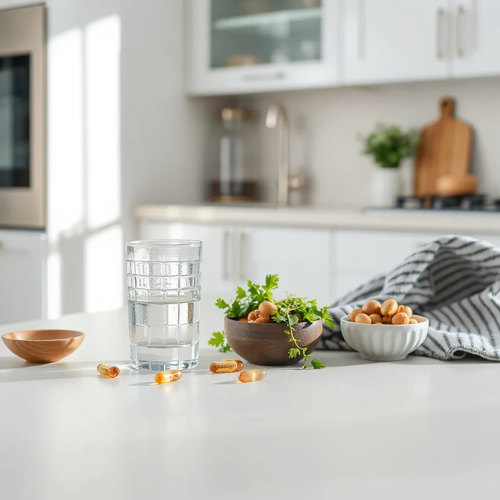 Natural supplements, water, and healthy ingredients on a clean counter in soft morning light
